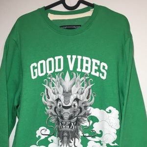 Blind Rooster Men's Medium Green Sweatshirt Crew Neck Good Vibes Dragon